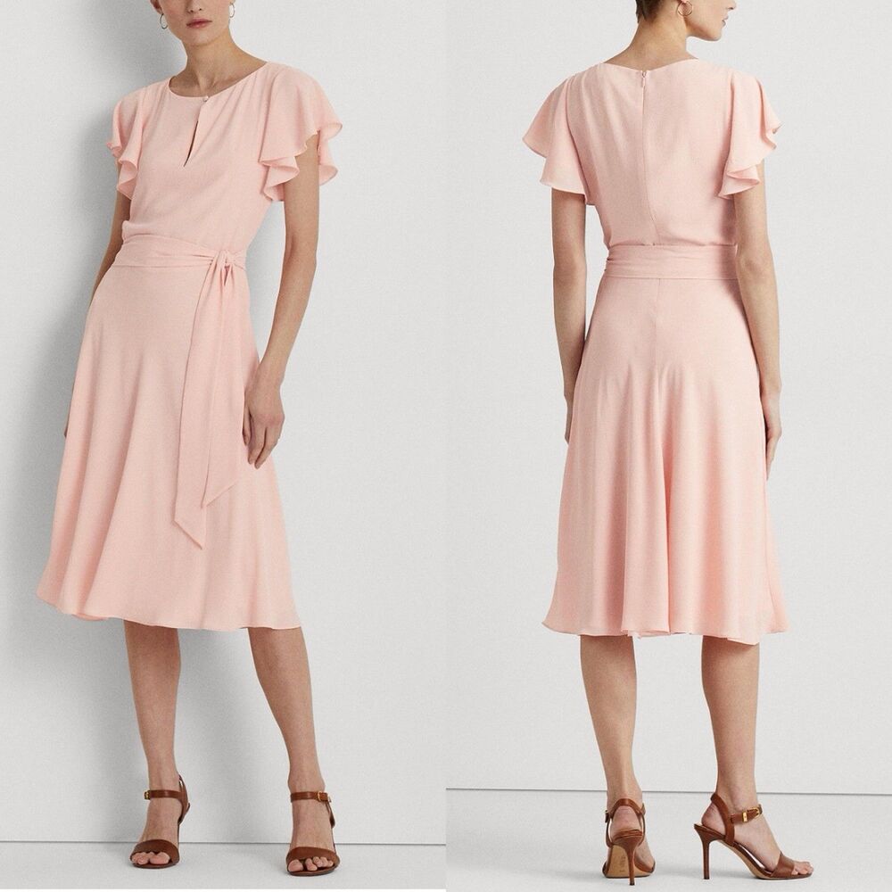 LAUREN RALPH LAUREN Dress Pale Pink Bubble Crepe Fit & Flare Size 2 Missing Belt